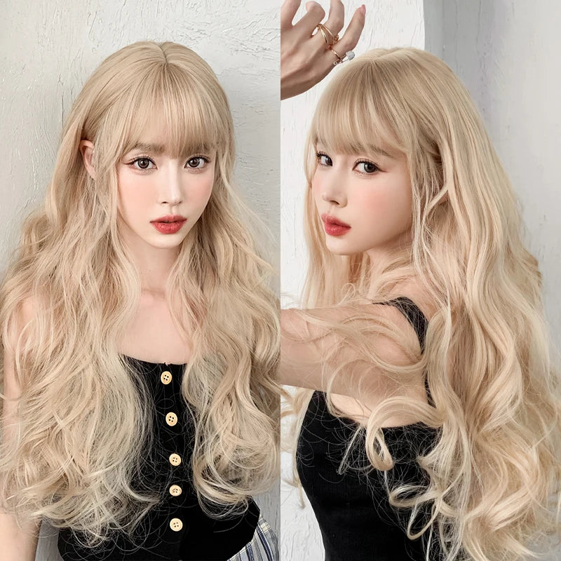 Kawaii Dreamy Sakura Pink Wavy Wig 🌸✨ | High-Density Curly Hair with Bangs for Sweet Girls 💖🎀