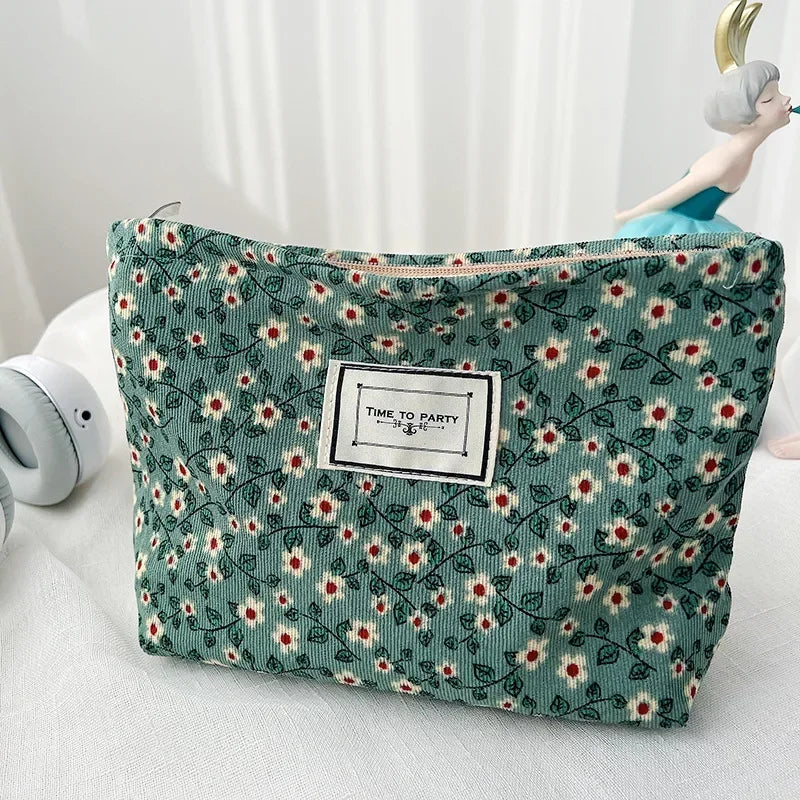 Kawaii Corduroy Floral Makeup Clutch Bag 🌸✨ | Cute Cosmetic Organizer for Women 🎀💄