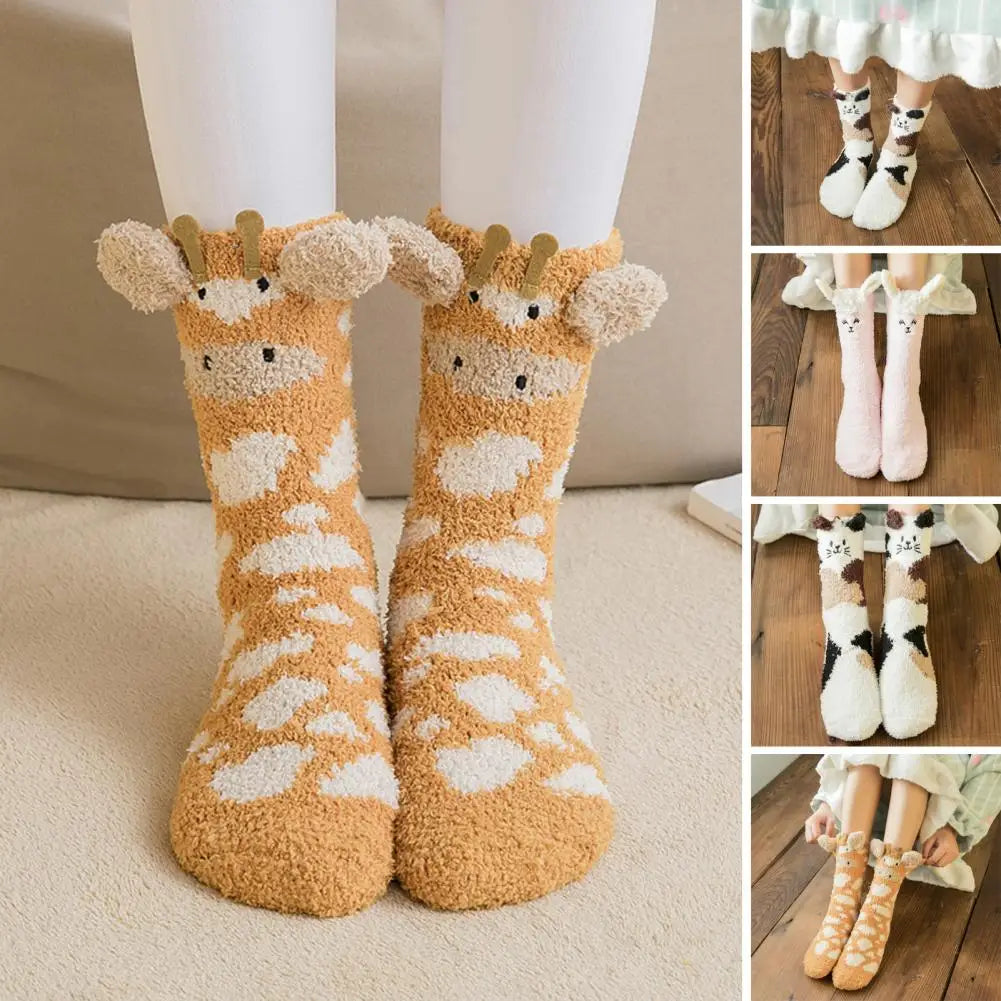 Kawaii Cozy Critter Socks 🐾🧦 | Fuzzy Fluffy Coral Fleece for Adults | Cute Cat, Rabbit, Alpaca & Giraffe Designs for Winter Warmth ❄️✨