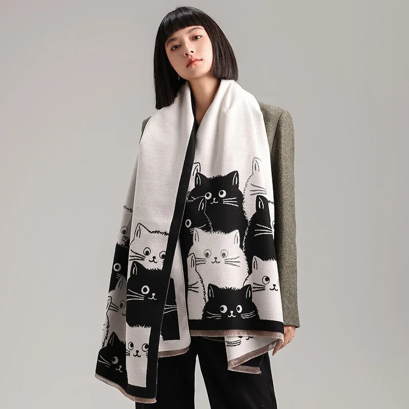 Cat Print Jacquard Scarf For Women Warm Winter Shawl 175cm Long 🐾