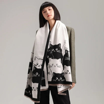 Cat Print Jacquard Scarf For Women Warm Winter Shawl 175cm Long 🐾