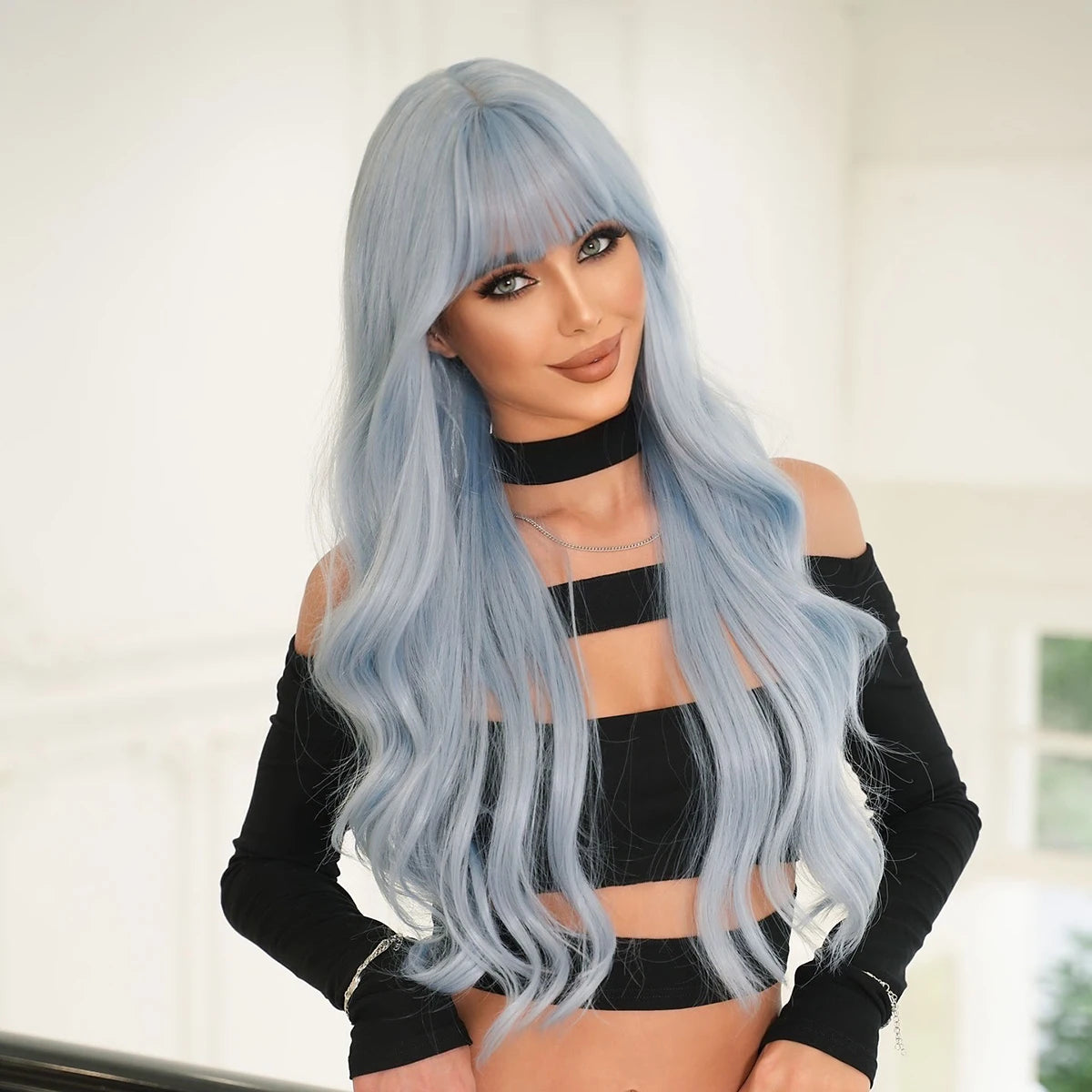 ✨Kawaii Light Blue Wavy Wig 🌊 | Sweet Bangs & Heat Resistant Cosplay Style 💖 | Perfect for Daily Wear & Parties!