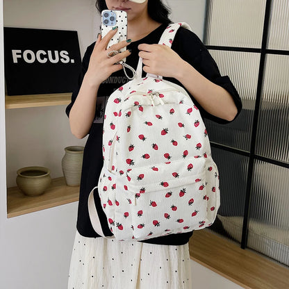 Kawaii Strawberry Corduroy Backpack 🍓✨ | Large Capacity Rucksack for Girls | Cute Casual Travel Bag 🎒💕