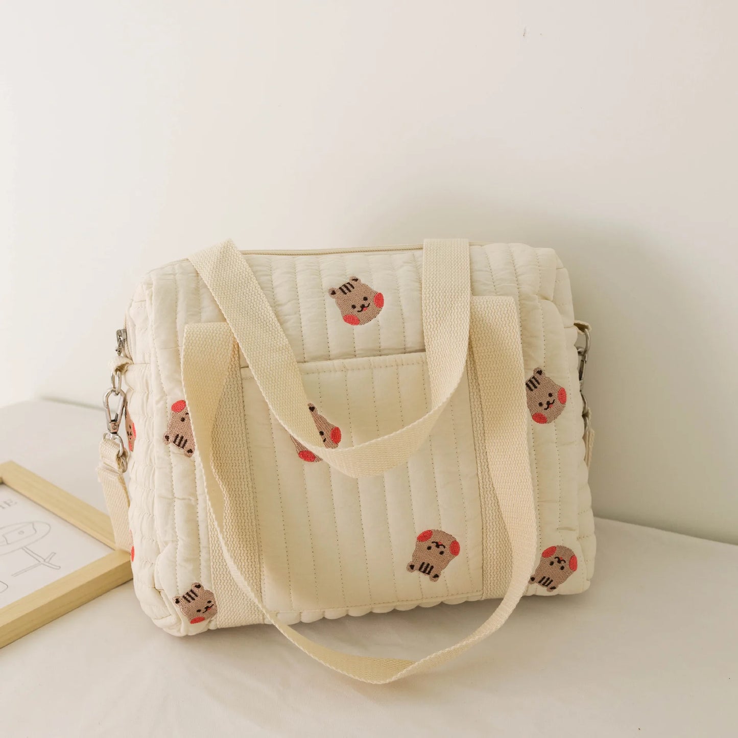 Kawaii Bear Embroidered Baby Diaper Bag 🐻💕 | Stylish Quilted Mummy Messenger Bag for Newborn Care & Stroller Storage 🌈✨