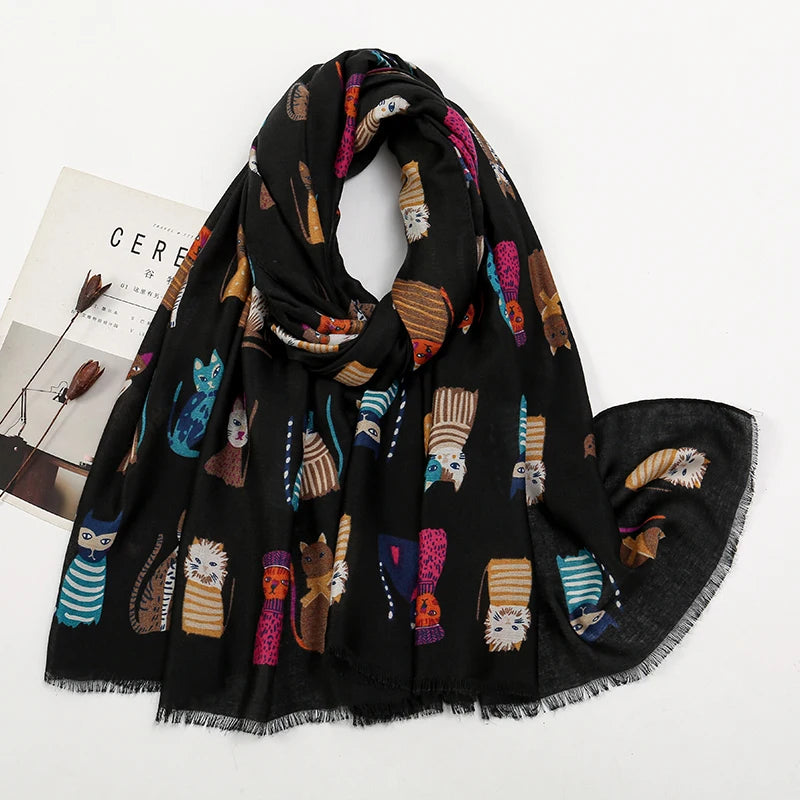 Playful Cat Print Fringed Scarf Women Cotton Viscose 180x85 Cm 🐈✨
