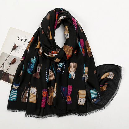 Playful Cat Print Fringed Scarf Women Cotton Viscose 180x85 Cm 🐈✨