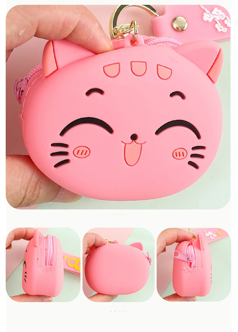 🐱 Kawaii Cat Silicone Coin Pouch 👜 Cute Keyring Organizer for Kids!