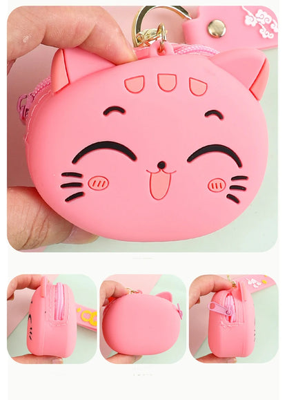 🐱 Kawaii Cat Silicone Coin Pouch 👜 Cute Keyring Organizer for Kids!