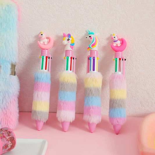 Kawaii Unicorn Plush Gel Pens Set 🎨✨ | 6 Colorful Rainbow Ballpoint Pens for Kids 🌈 | Adorable Handwriting Tools for School & Fun! 🦄💖