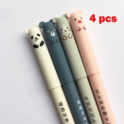 Kawaii Erasable Gel Pen Set 🐷🐻🐱🐭 - 4 Adorable Designs for School & Office ✏️✨ - 0.35mm Blue & Black Ink