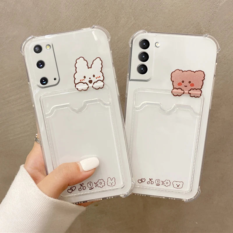 ✨ Adorable Transparent Bear Card Holder Case for Samsung Galaxy S22/S21/S20 FE/S10/S10e/Note 10/20 Plus Ultra 🐻💕