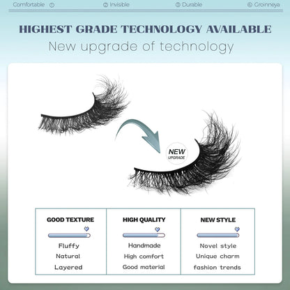 GROINNEYA Fluffy Cat Eye Lashes 8D Volume False Eyelashes D Curl Full Strip Faux Mink Lashes Cute Bloom Aesthetic 😺✨💖