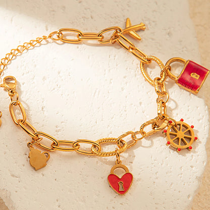 Cute Airplane Rudder Love Lock Bracelet 18K Gold Plated Stainless Steel For Women Gift Idea 💖✨🌸