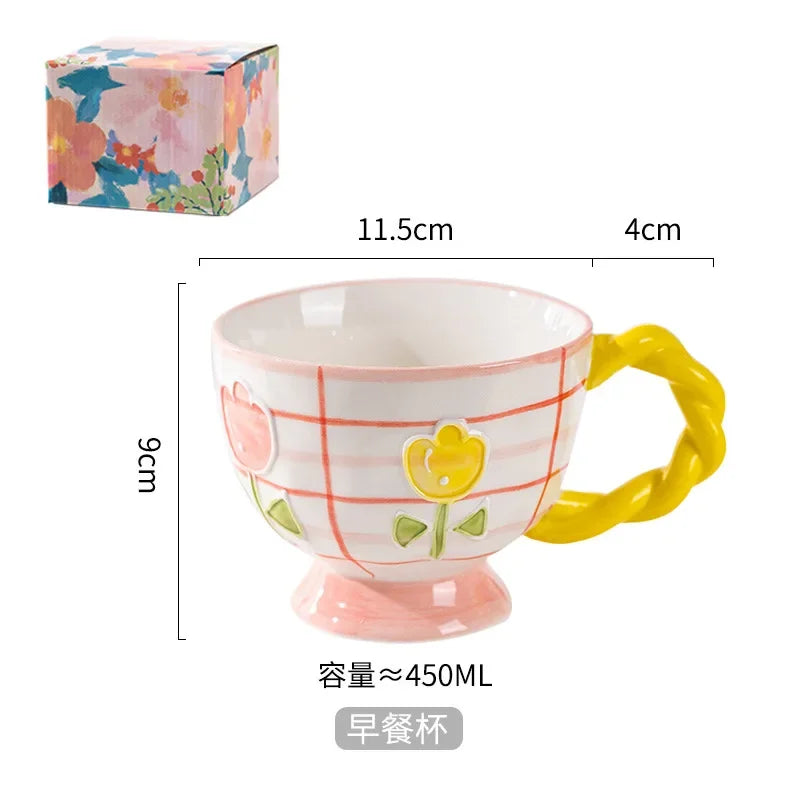 Charming Kawaii 450ml Hand-Painted Ceramic Mug ☕️✨ Cute Breakfast Oatmeal Cup for Joyful Mornings! 🎉