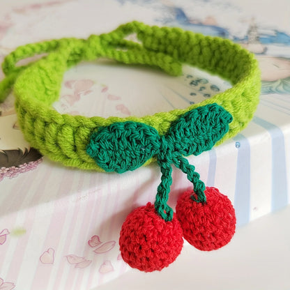 🌸 Adorable Cherry Charm Cat Collar 🌟 Handmade Knitted Cutie for Your Feline Friend 🐾✨