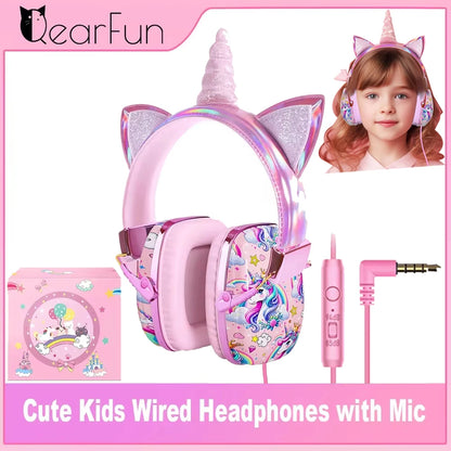 🌈✨ Adorable Unicorn Kids Headphones with Mic 🎧 | 85dB Volume Limit for Safe Listening 🎀 | Perfect for iPads, School & Travel 🦄💖