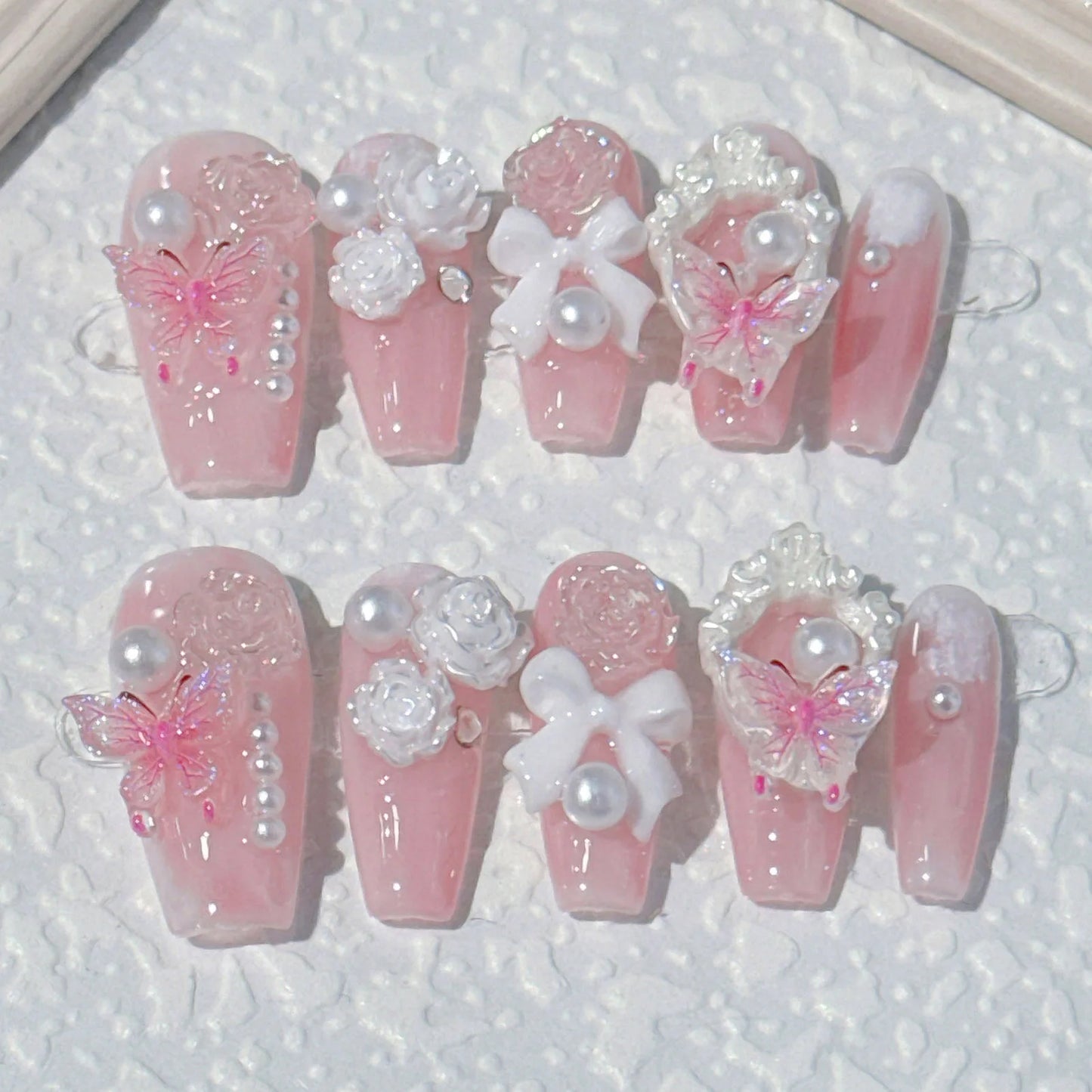 Kawaii Dream 🌸 10pcs 3D Butterfly & Rose Decor Press-On Nails 💅🏼 Long Ballet Style for Sweet Y2K Weddings & More!