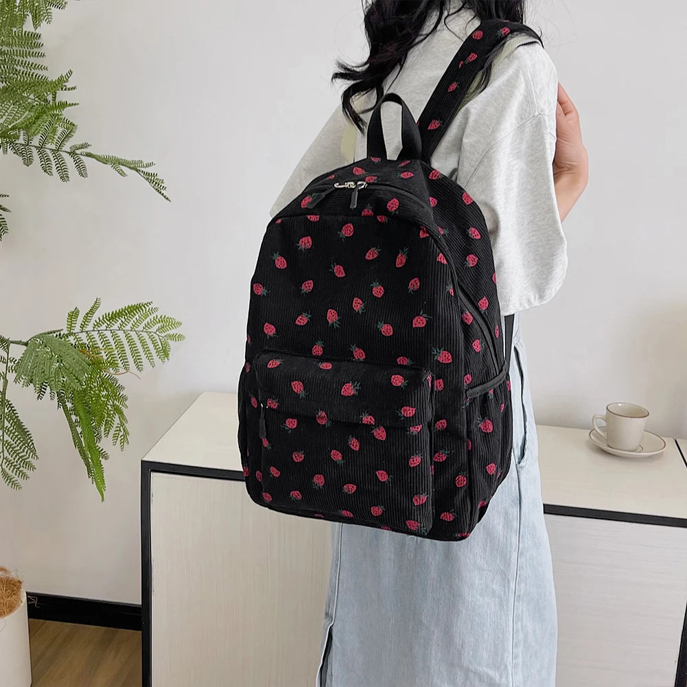 Women Kawaii Strawberry Pattern Backpacks with Pendant Corduroy School Knapsack Multi-pockets Students Daily Schoolbags Mochilas - Pixie Quill
