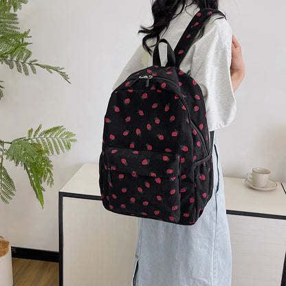 Women Kawaii Strawberry Pattern Backpacks with Pendant Corduroy School Knapsack Multi-pockets Students Daily Schoolbags Mochilas - Pixie Quill