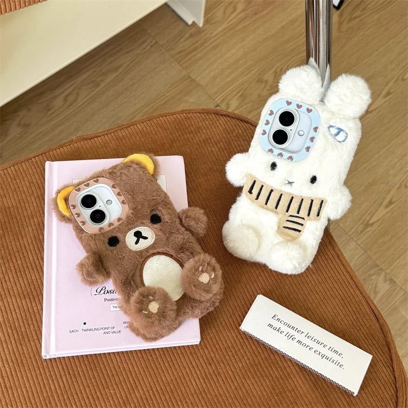 Kawaii Plush Bunny Teddy Bear Phone Case 🐰✨ for iPhone 12-16 Pro Max – Adorable Custom Scarf Design!