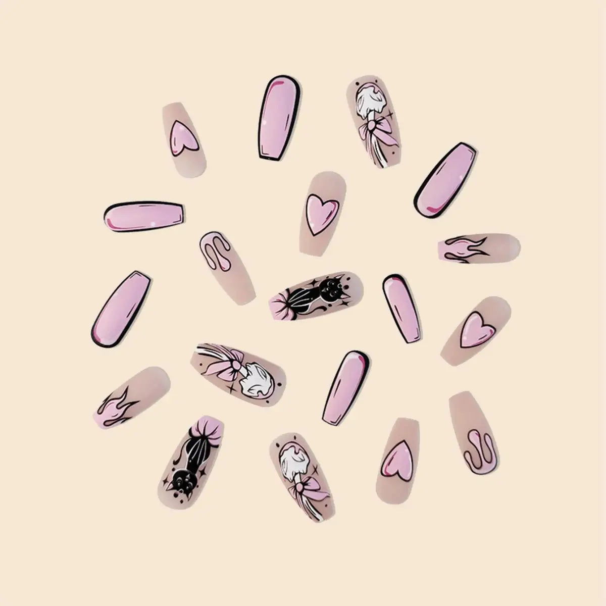 Kawaii 24Pc Long Ballet Pink Press-On Nails 💖✨ Cute Cat & Heart Patterns for Whimsical Nail Art! 🐾💅