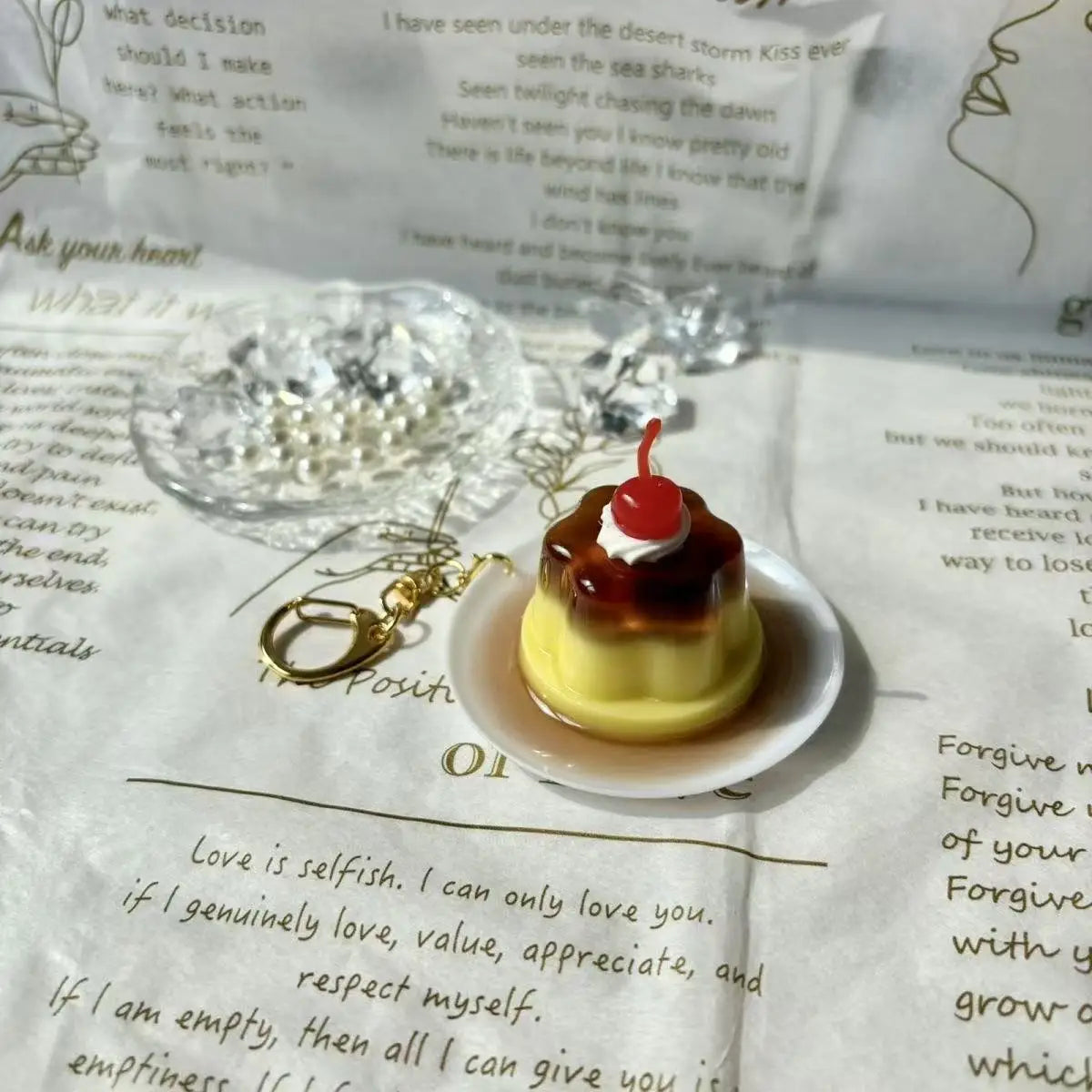 Sweet Pudding Keychain Pendant With Cherry and Tiny Fish Charm 🍒🐟