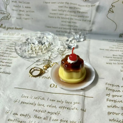 Sweet Pudding Keychain Pendant With Cherry and Tiny Fish Charm 🍒🐟