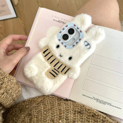 Kawaii Plush Bunny Teddy Bear Phone Case 🐰✨ for iPhone 12-16 Pro Max – Adorable Custom Scarf Design!