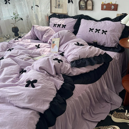 Kawaii Princess Black Bow Bedding Set 🖤✨ Soft Cotton Duvet Cover & Pillowcases for Dreamy Sleep 💤🌸