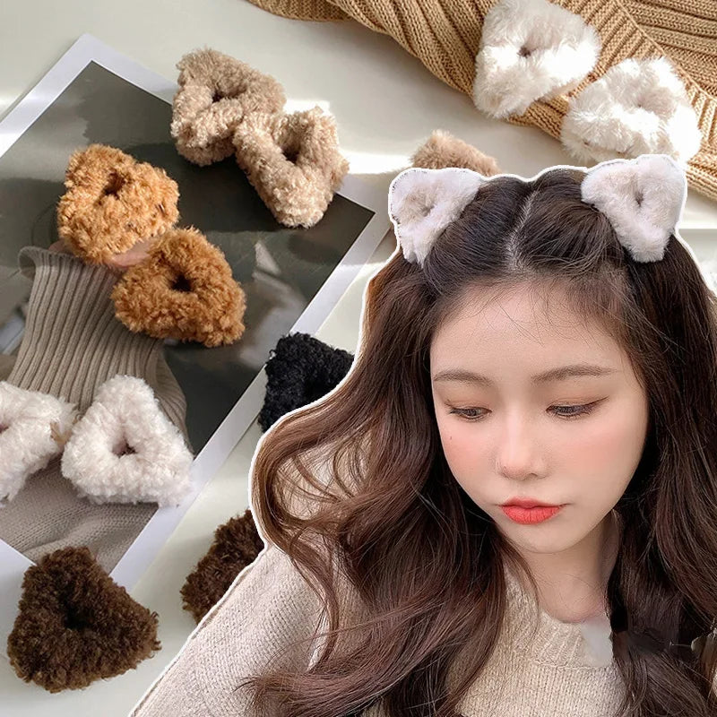 Kawaii Fluffy Cat Ear Hair Clips 🐾✨ | Adorable Lamb Cashmere Accessory for Winter 💖 | Cute Headwear for Girls & Women 🎀