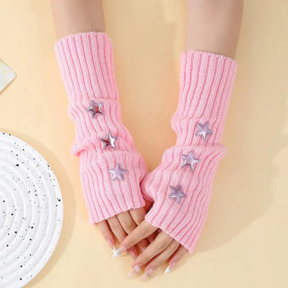 Y2K Fingerless Gloves Women Knitted Arm Warmers Cute Star Decor ⭐ Cozy Winter