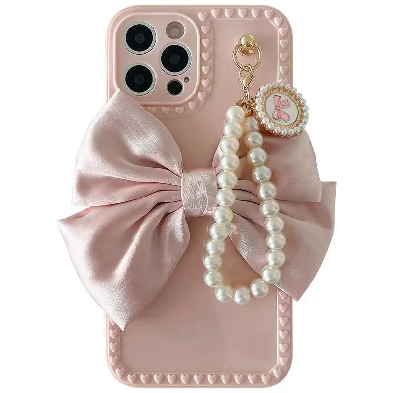 Kawaii Elegance: 3D Bow & Pearl Bracelet Soft Case for iPhone ✨💕