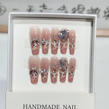 Kawaii Love Bow Rhinestone Press-On Nails 💖✨ | 10Pcs Handmade Coffin Nail Set for Adorable Manicures 💅🌟