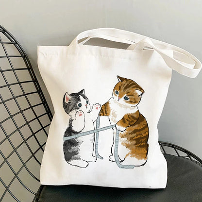 Kawaii Cat Canvas Tote: Adorable Shoulder Bag for Fashionable Girls 🐾🌟 - Pixie Quill