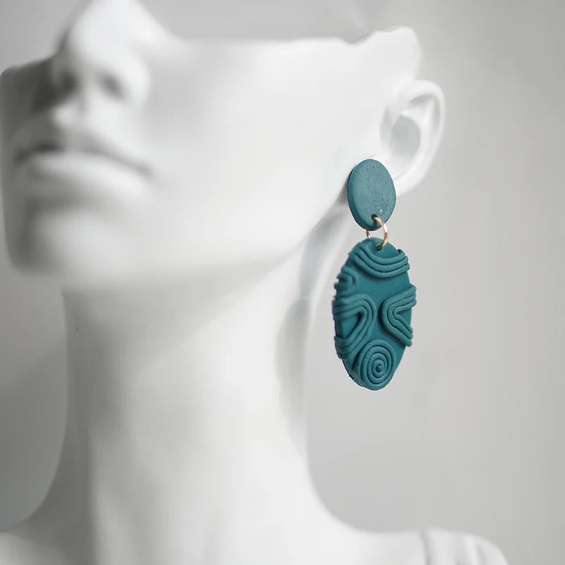 Trendy Strips Line layers Oval Handmade Polymer Clay Dangle Large Light Earrings For Women Unique Sweet Knitted Geometric Set