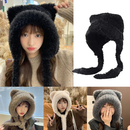 Women Winter Fox Fur Plush Beanie With Bear Ears Cosplay Cap Cozy Warm Hat 🦊❄️