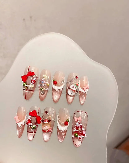 Kawaii Christmas Nail Set 🎄💅 | 10pcs Red 3D Bow & Snowman Press-On Nails for Festive Fun! ✨