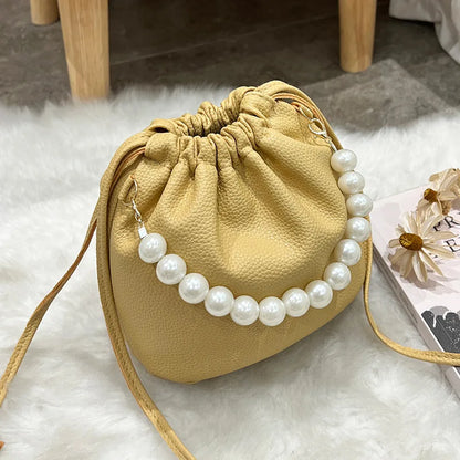 Kawaii Pearl Chain Bucket Bag 🐰✨ | Adorable PU Shoulder Tote for Trendy Ladies