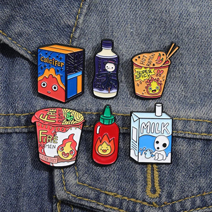 Kawaii Fire Demon Ramen Enamel Pins 🍜✨ Custom Cartoon Brooches for Kids 🎒 Adorable Anime Jewelry Gift