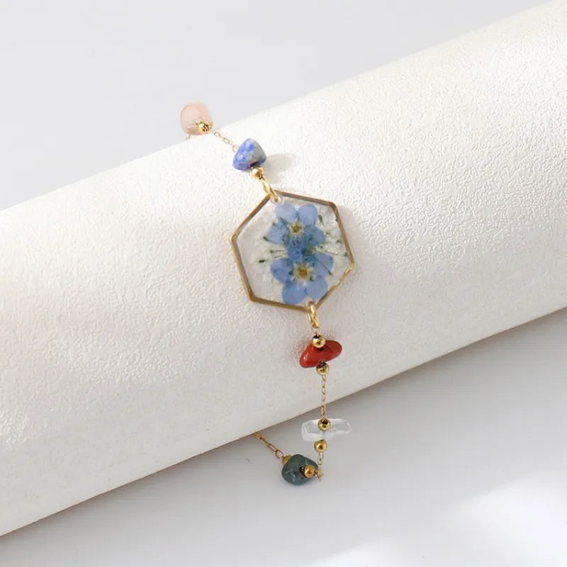 Unique Epoxy Resin Blue Flower Bracelets Elegant Pressed Flower Pendant Adjustable Chain Bracelets Wholesale Cute Charm Bracelet