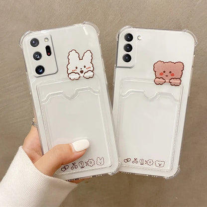 ✨ Adorable Transparent Bear Card Holder Case for Samsung Galaxy S22/S21/S20 FE/S10/S10e/Note 10/20 Plus Ultra 🐻💕