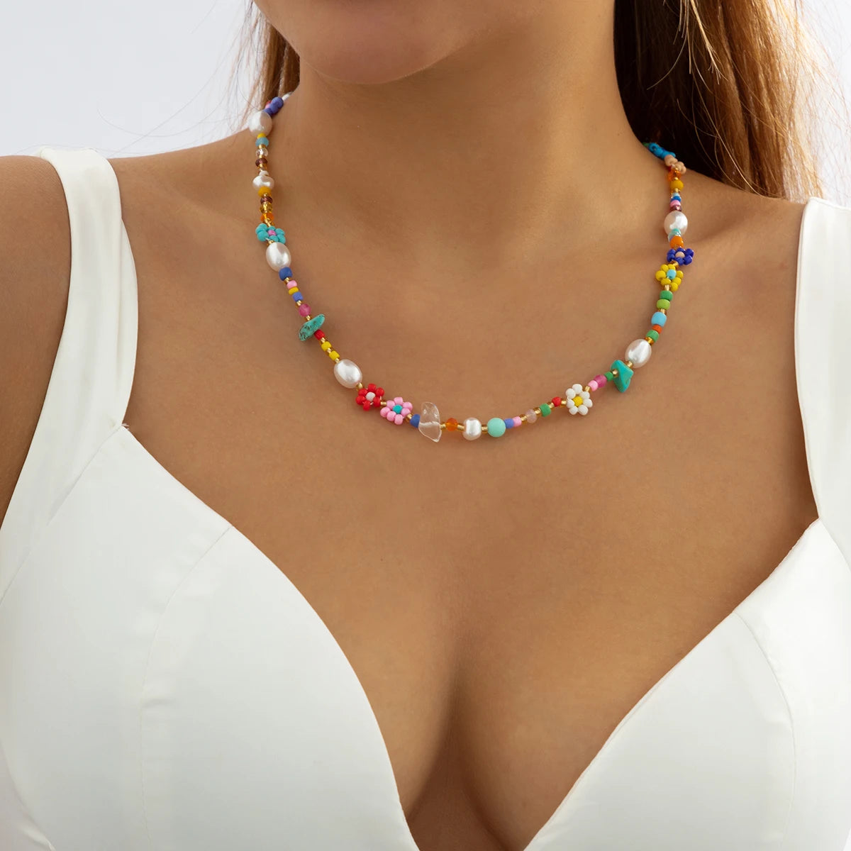 Kawaii Rainbow Baroque Pearl Choker 🌈✨ | Handmade Seed Bead Floral Necklace for Trendy Women 🌸💖