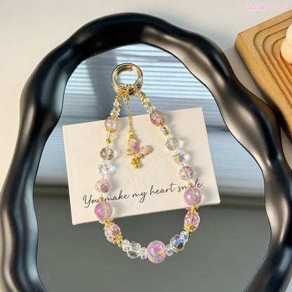 Crystal Phone Chain With Butterfly Pendant, Sweet Gold Bead Wrist Strap 💎🦋