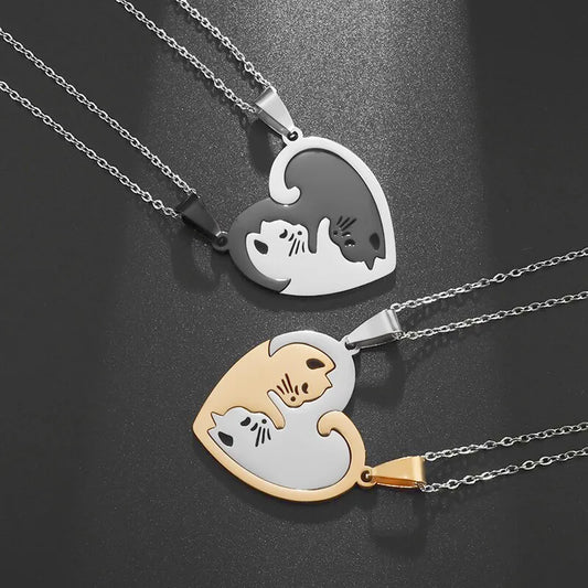 Kawaii Cat Couple Love Necklace 🐾💕 | Trendy Stainless Steel BFF Pendant Jewelry Gift for Friends & Lovers!