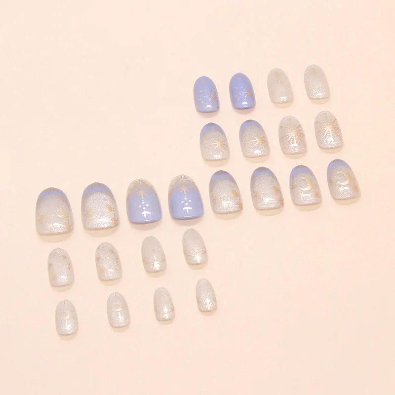 Kawaii Dreamy Starry Press-On Nails 🌙✨ | 24pcs Gradient Blue French Tips with Gold Moon Designs 🌟💅 for Sweet Almond Looks!