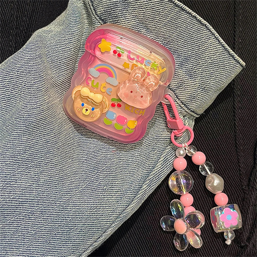 🐰✨ Adorable 3D Bunny & Bear AirPods Case with Wavy Border & Flower Beads 🌸🎧 - Pixie Quill