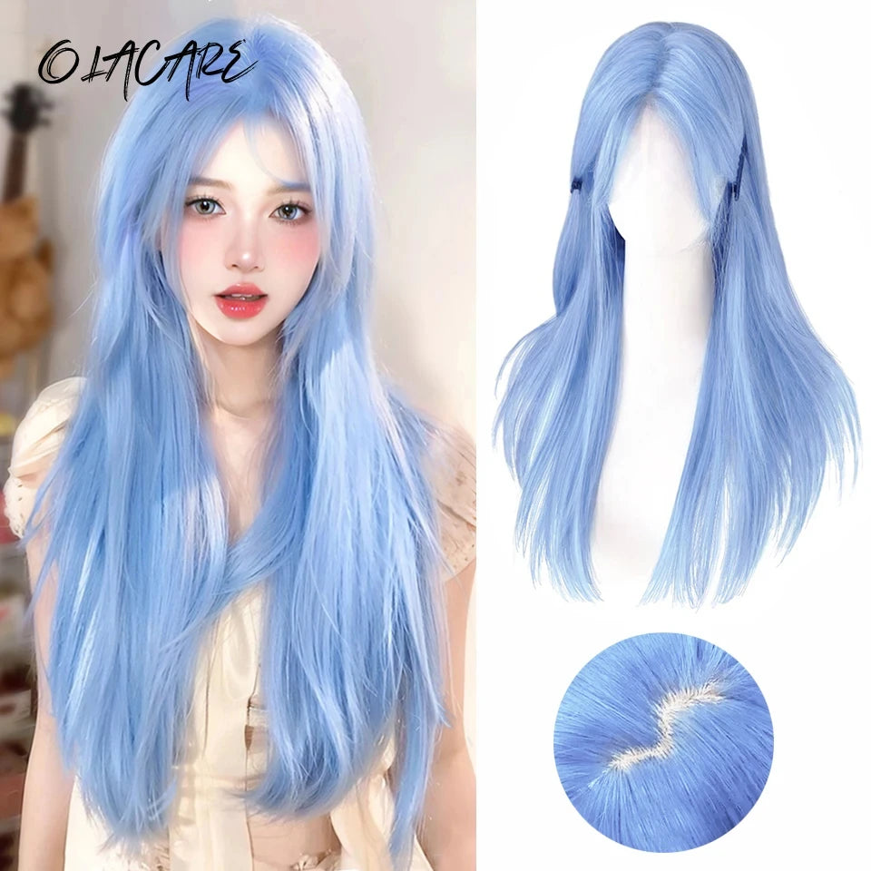 Enchanting Ombre Kawaii Wig 🌈✨ - Long Straight Lolita Style with Bangs in Glacier Blue & Blonde!