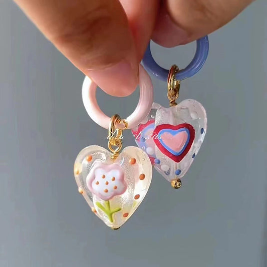 Kawaii Heart-Shaped Enamel Flower Drop Earrings 🌸💖 | Cute Handmade Hoop Jewelry for Women & Girls - Perfect Holiday Gift! 🎁✨