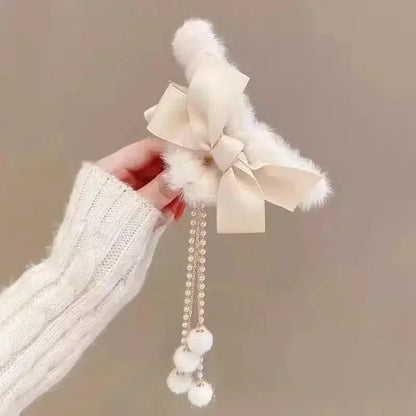 🎀 Plush Bow & Tassel Hair Claw Clips ✨ Cute Korean Style for Girls - Perfect Fall & Winter Accessory! 🦈
