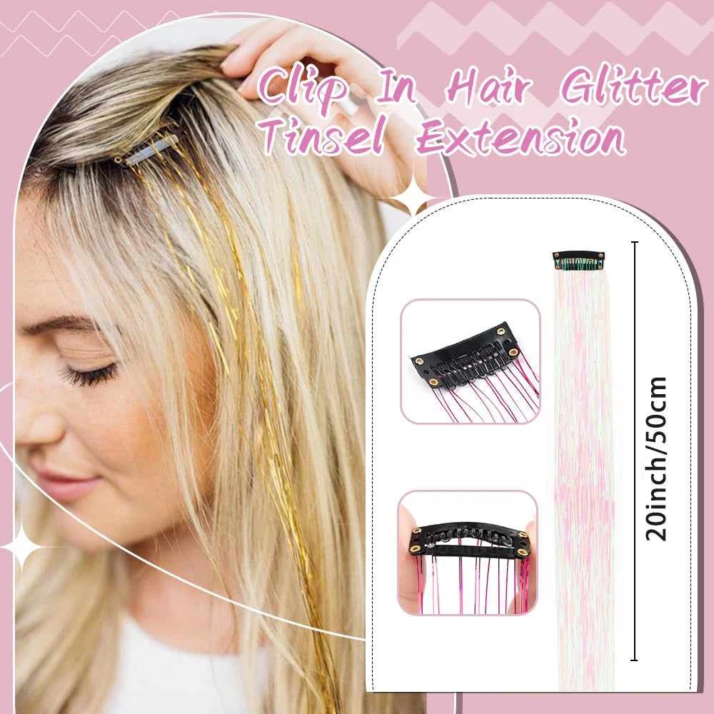 12 Pcs Clip In Hair Tinsel Pack Glitter Fairy Extensions For Women And Kids ✨